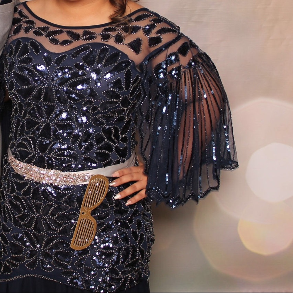 Used Navy Sequins Embroidered Formal Dress